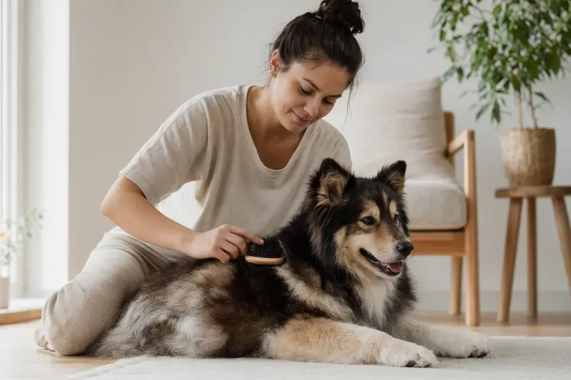 Ein Lappländischer Rentierhund wird in einer hellen Wohnung liebevoll gebürstet, was die wichtige Fellpflege für Gesundheit und Wohlbefinden zeigt.