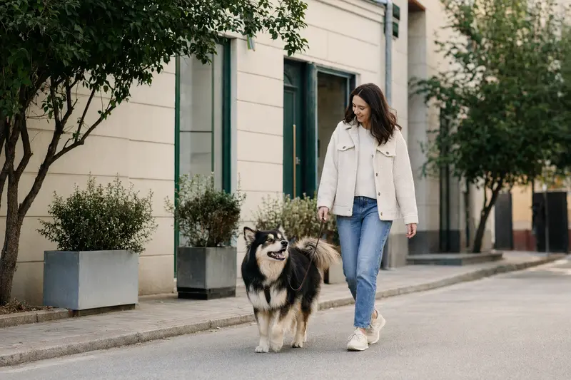 Ein Lappländer Rentierhund läuft an der Leine mit seinem Besitzer durch eine moderne Stadtstraße.