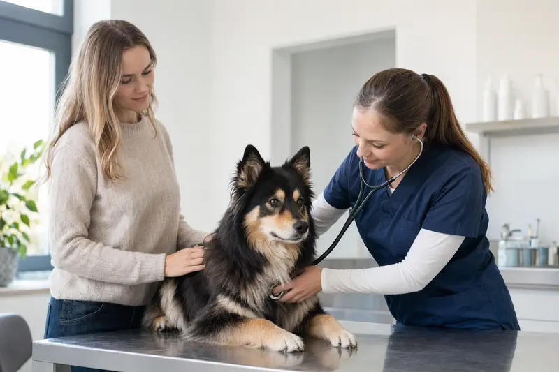 Ein ruhiger Lappländer Rentierhund auf dem Untersuchungstisch, während eine freundliche Tierärztin ihn mit einem Stethoskop untersucht.