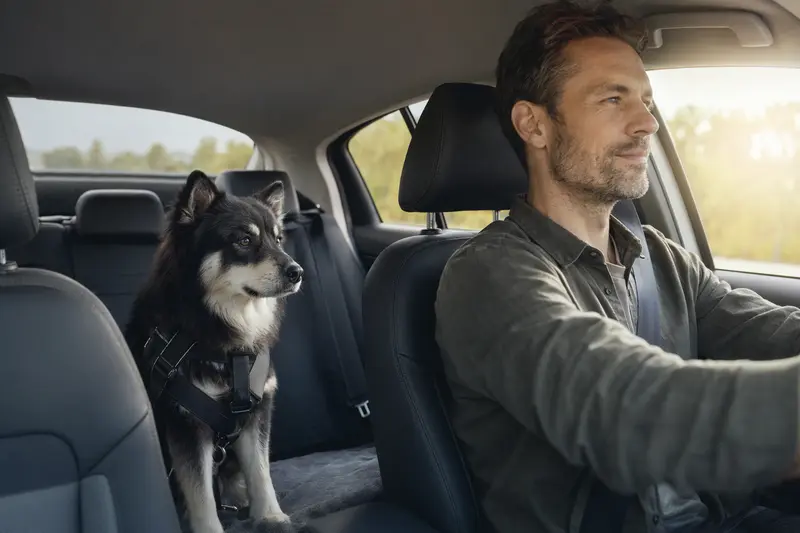 Ein Lappländischer Rentierhund sitzt angeschnallt auf der Rückbank eines Autos, während sein Besitzer ruhig fährt.