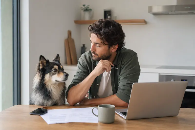 Ein Lappländer Rentierhund sitzt neben seinem Besitzer am Küchentisch, während Versicherungsunterlagen und ein Laptop sichtbar sind.