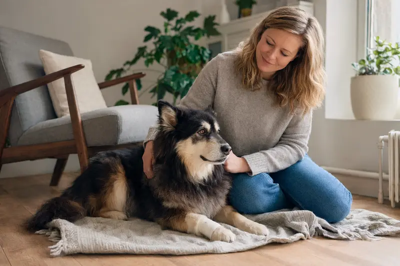Ein Lappländer Rentierhund mit leichtem Verband an der Pfote liegt beruhigt auf einer Decke neben seinem Besitzer in einer hellen Wohnung.