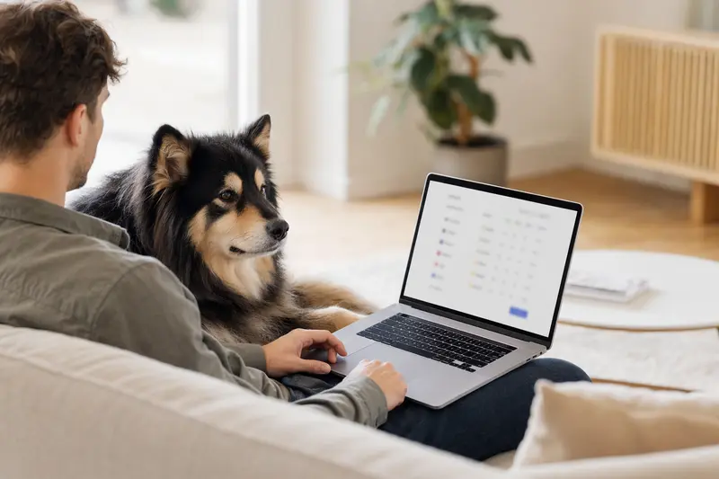 Ein Hundebesitzer arbeitet am Laptop, während sein Lappländer Rentierhund neben ihm auf dem Sofa sitzt, symbolisiert die informierte Entscheidung für Tierkrankenversicherungen.