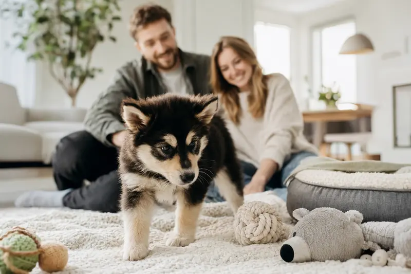 Ein neugieriger Lappländer Rentierhund Welpe entdeckt sein neues Zuhause mit Spielzeug und einer liebevollen Familie im Hintergrund.