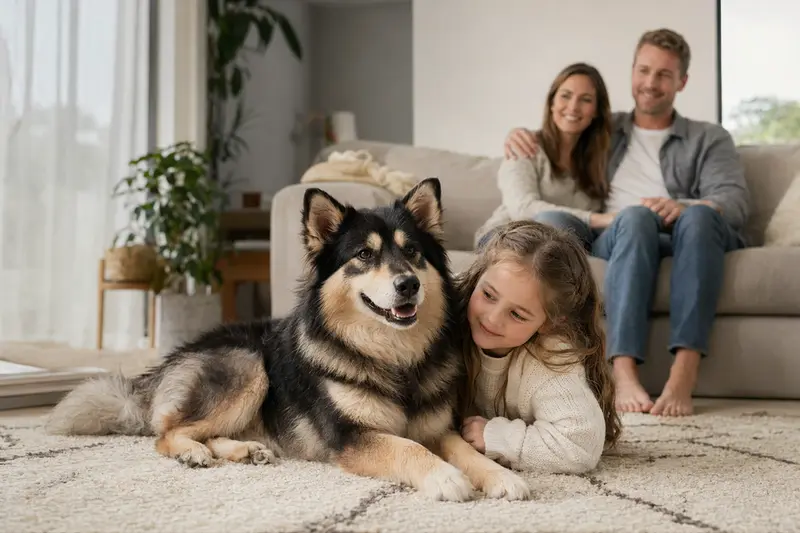 Ein freundlicher Lappländischer Rentierhund liegt entspannt neben einem Kind im Wohnzimmer, während die Eltern im Hintergrund eine sichere Familienatmosphäre schaffen.