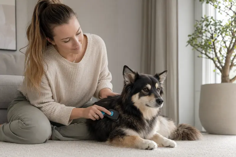 Ein Lappländischer Rentierhund wird in einer hellen Wohnung sanft gebürstet, während sein Besitzer liebevoll die Fellpflege übernimmt.