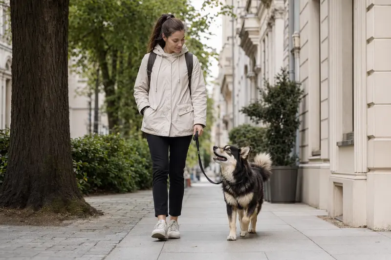 Ein Lappländischer Rentierhund läuft an der Leine mit seinem Besitzer durch eine helle, moderne Stadtstraße.