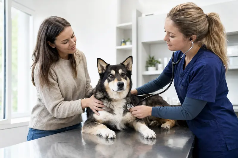Ein ruhiger Lappländischer Rentierhund wird von einer freundlichen Tierärztin untersucht.