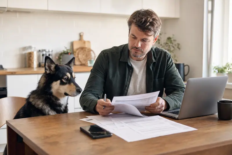 Ein Lappländischer Rentierhund sitzt ruhig neben seinem Besitzer am Küchentisch mit Versicherungsunterlagen und Laptop zur Hundeversicherung.