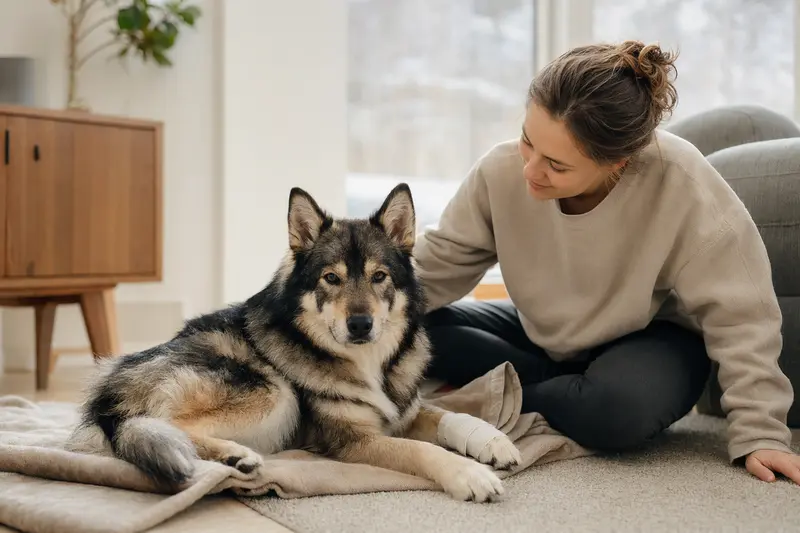 Lappländischer Rentierhund mit leichtem Verband an der Pfote liegt ruhig auf einer Decke neben seinem erleichterten Besitzer.