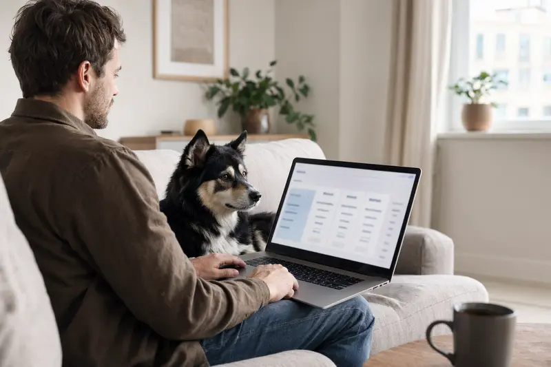 Ein Besitzer arbeitet am Laptop auf dem Sofa, während ein Lappländischer Rentierhund entspannt neben ihm sitzt. Der Bildschirm zeigt eine neutrale Versicherungsvergleichs-Oberfläche.