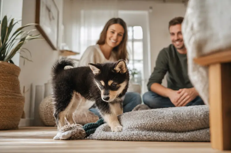 Ein neugieriger Lappländischer Rentierhund Welpe erkundet seine liebevolle Familie und gemütliche Wohnung.