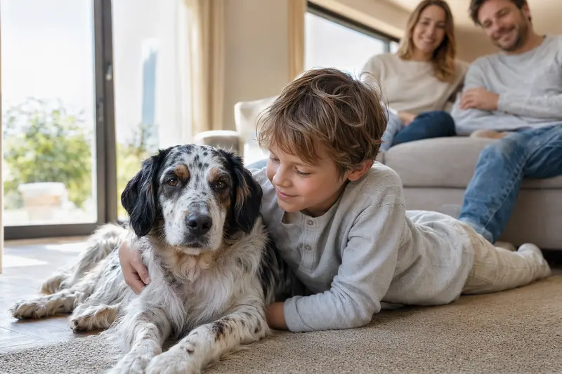 Ein freundlicher Laverack-Setter liegt entspannt neben einem Kind im hellen Wohnzimmer, während die Eltern im Hintergrund eine sichere Familienatmosphäre vermitteln.