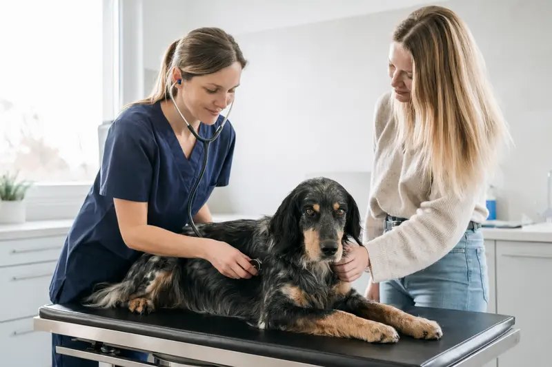Ein Laverack-Setter wird von einer freundlichen Tierärztin in einer modernen Praxis mit einem Stethoskop untersucht, während sein Besitzer beruhigend daneben steht.