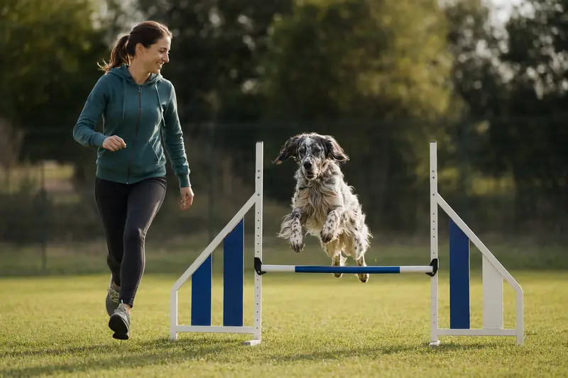Ein Laverack-Setter trainiert mit seinem Besitzer auf dem Hundeplatz an einer kleinen Hürde.