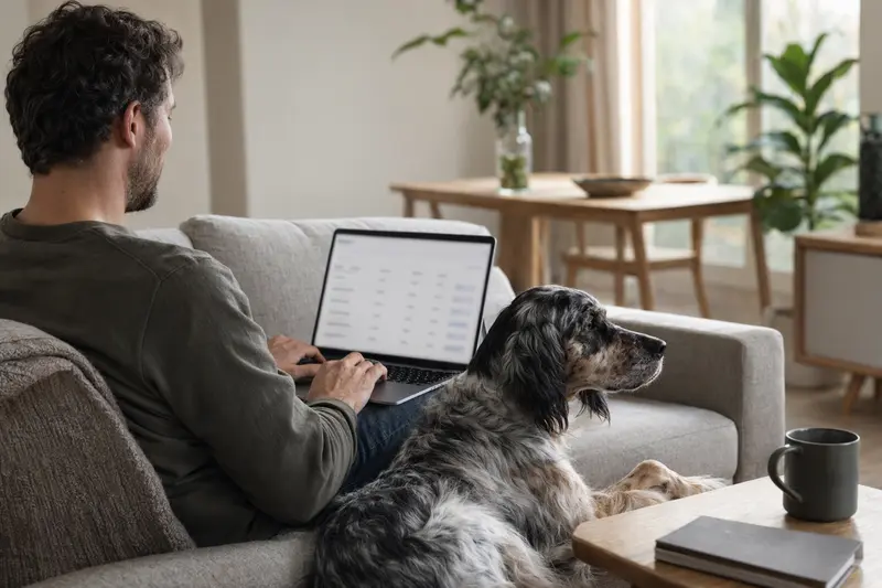 Ein Hundebesitzer sitzt entspannt mit einem Laverack-Setter auf dem Sofa und vergleicht Versicherungen auf seinem Laptop.