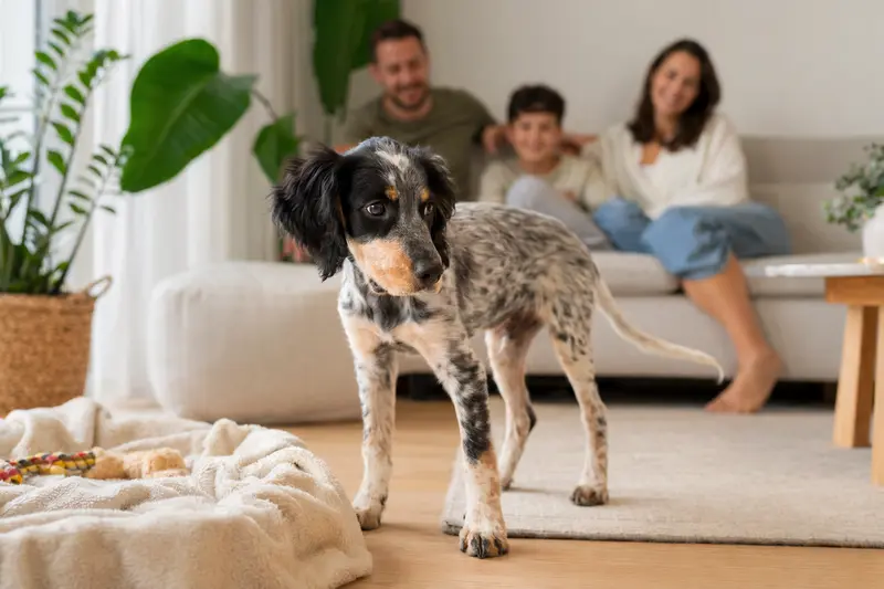 Ein neugieriger Laverack-Setter Welpe erkundet sein neues Zuhause mit einer weichen Decke und Spielzeug, während eine liebevolle Familie im Hintergrund zu sehen ist.