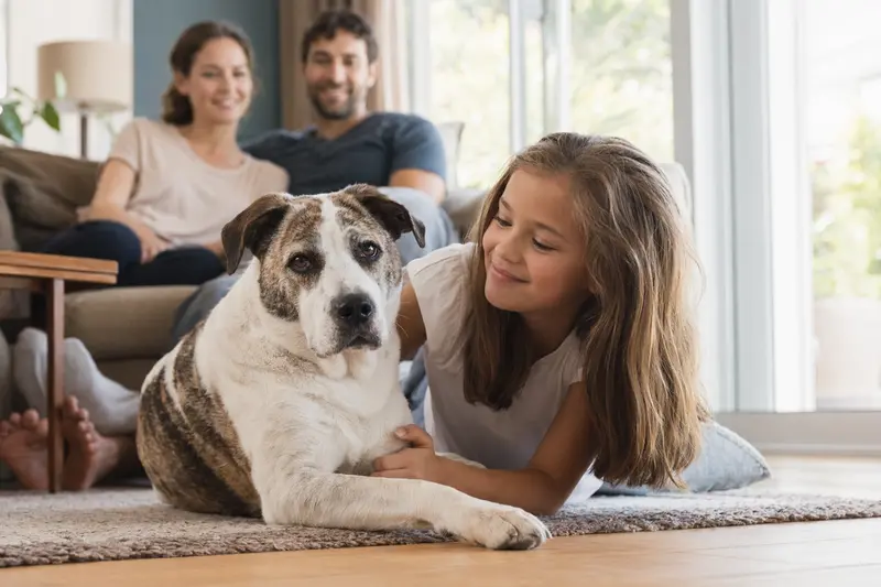 Ein freundlicher Leavitt Bulldog liegt entspannt neben einem Kind im Wohnzimmer, während die Eltern im Hintergrund eine sichere Familienatmosphäre schaffen.