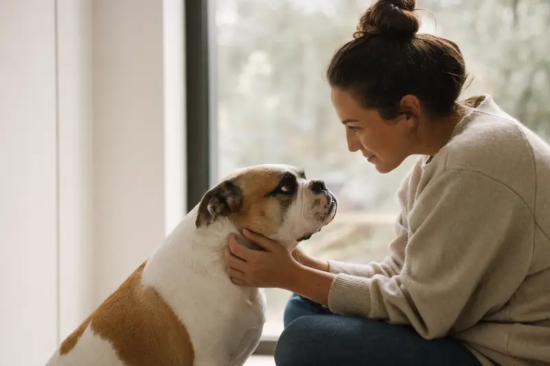 Ein aufmerksamer Leavitt Bulldog steht in natürlicher Haltung vor hellem Hintergrund und zeigt das typische Erscheinungsbild der Rasse.