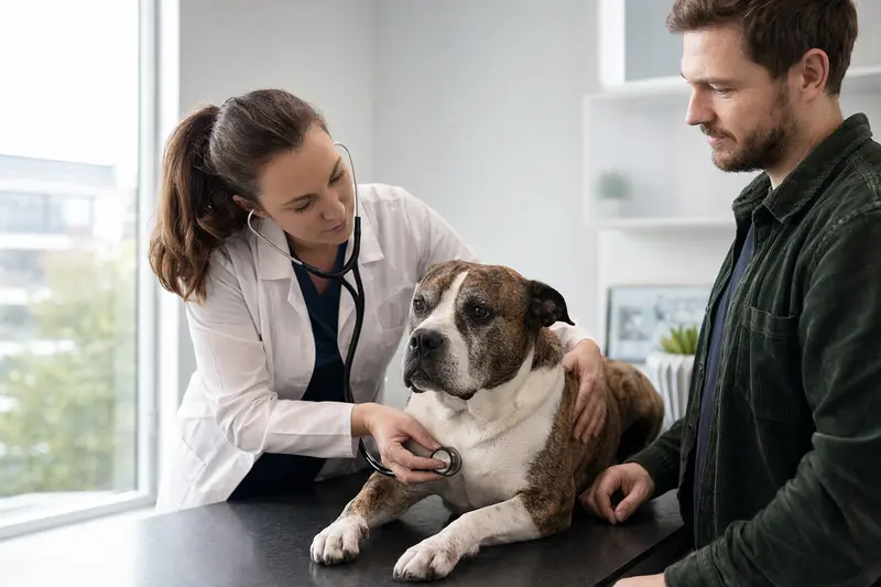 Ein Leavitt Bulldog auf einem Untersuchungstisch wird von einer freundlichen Tierärztin mit einem Stethoskop untersucht, während der Besitzer beruhigend daneben steht.