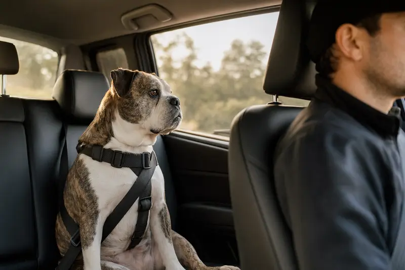 Ein Leavitt Bulldog sitzt sicher angeschnallt auf der Rückbank eines Autos, während der Besitzer ruhig fährt.