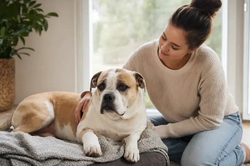 Ein Leavitt Bulldog Hund mit Verband an der Pfote liegt friedlich auf einer Decke neben seinem erleichterten Besitzer in einer hellen Wohnung.