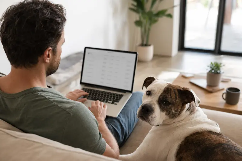 Ein Hundebesitzer arbeitet am Laptop auf dem Sofa, während ein Leavitt Bulldog neben ihm sitzt, symbolisiert die Entscheidung für eine Hundeverversicherung.