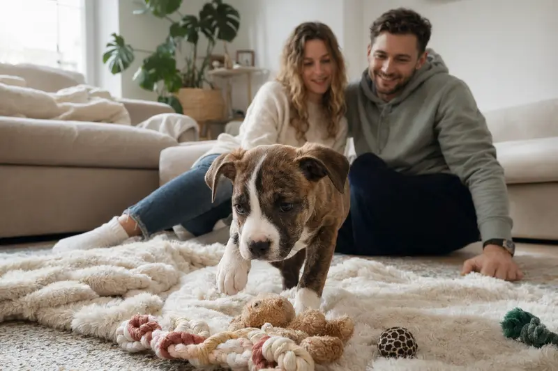 Ein junger Leavitt Bulldog Welpe erkundet neugierig seine weiche Decke und die Spielzeuge, während eine liebevolle Familie im Hintergrund zu sehen ist.