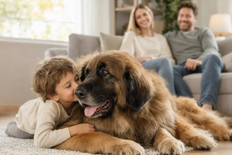 Ein Leonberger Hund liegt entspannt neben einem Kind im Wohnzimmer in einer sicheren Familienatmosphäre.
