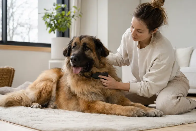 Ein Leonberger Hund wird in einer hellen Wohnung liebevoll gebürstet, während sein Besitzer die Fellpflege ruhig und fürsorglich übernimmt.