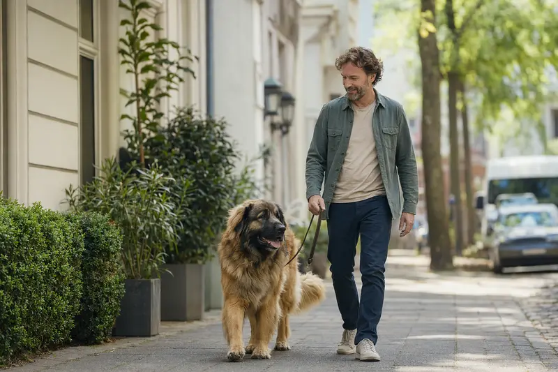 Ein Leonberger läuft an der Leine mit seinem Besitzer durch eine moderne Stadtstraße im Alltag.