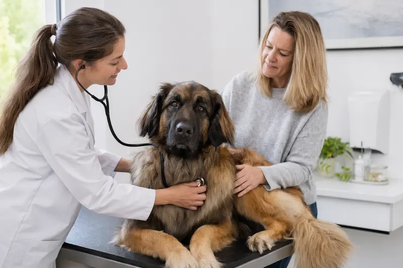 Ein Leonberger Hund wird von einer freundlichen Tierärztin auf einem Untersuchungstisch in einer modernen Tierarztpraxis untersucht.