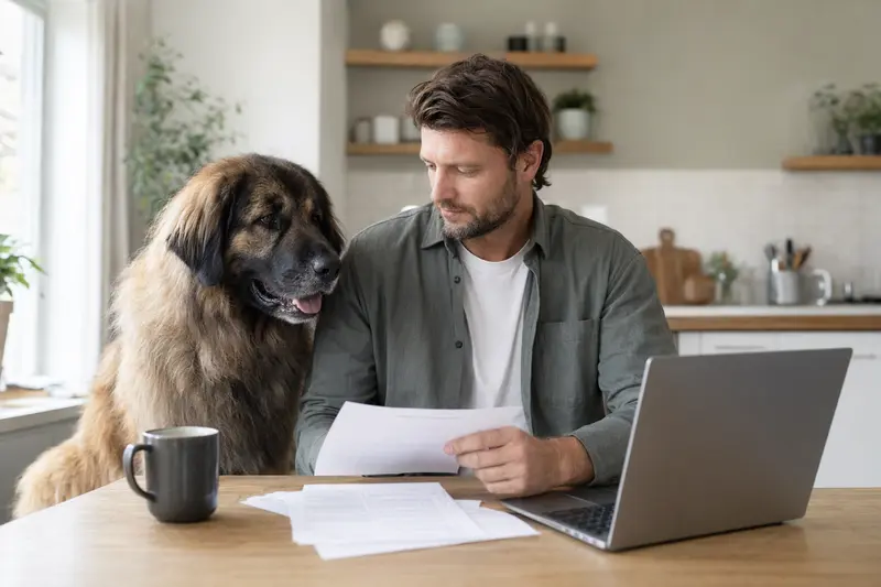 Ein Leonberger Hund sitzt ruhig neben seinem Besitzer am Küchentisch, auf dem Versicherungsunterlagen und ein Laptop liegen.