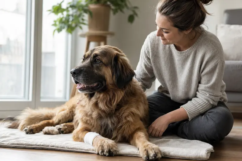 Ein entspannter Leonberger Hund mit leichtem Verband an der Pfote liegt neben seinem Besitzer in einer hellen Wohnung.
