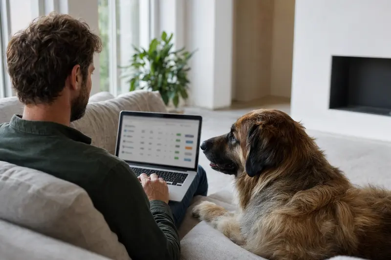 Ein Hundebesitzer arbeitet am Laptop auf dem Sofa, während ein Leonberger neben ihm sitzt und eine neutrale Versicherungsvergleichs-Oberfläche auf dem Bildschirm sichtbar ist.