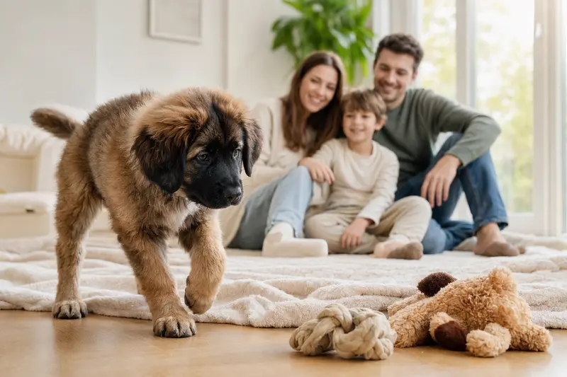 Ein neugieriger Leonberger Welpe erkundet sein neues Zuhause mit einer weichen Decke und Spielzeug, während seine liebevolle Familie im Hintergrund zu sehen ist.