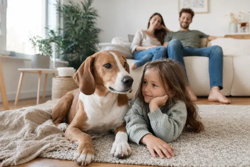 Ein Lettische Bracke Hund liegt entspannt neben einem Kind im Wohnzimmer, während die Eltern im Hintergrund zu sehen sind.