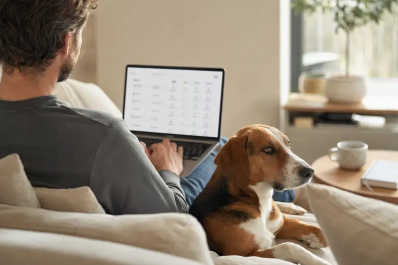 Ein Besitzer arbeitet entspannt am Laptop auf dem Sofa, während ein Lettischer Bracke Hund neben ihm sitzt und eine neutrale Versicherungsvergleichs-Oberfläche im Hintergrund zu sehen ist.