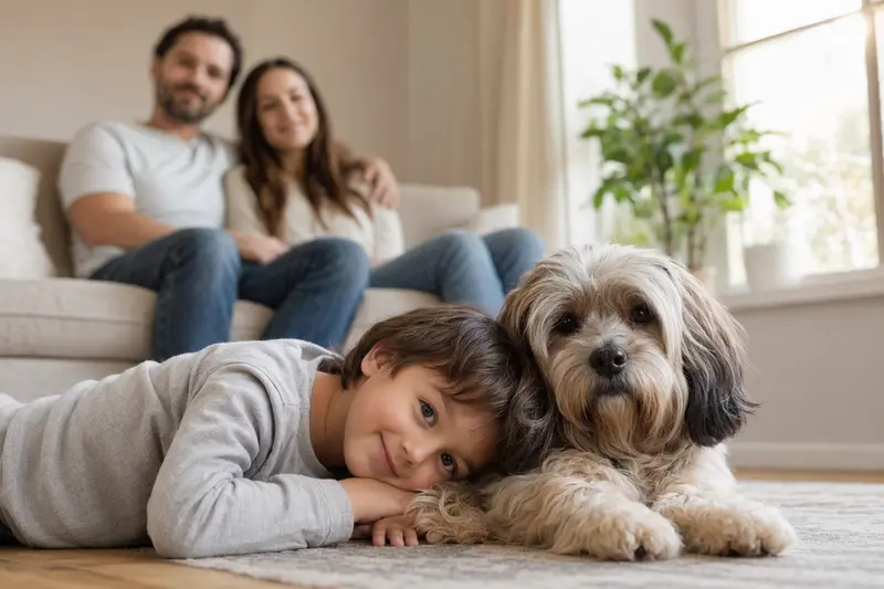 Ein Lhasa Apso liegt entspannt neben einem Kind im Wohnzimmer, während die Familie im Hintergrund eine sichere und warme Atmosphäre vermittelt.
