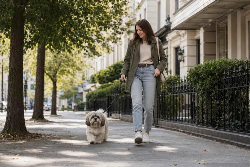 Ein Lhasa Apso Hund läuft an der Leine mit seinem Besitzer durch eine freundliche moderne Stadtstraße.