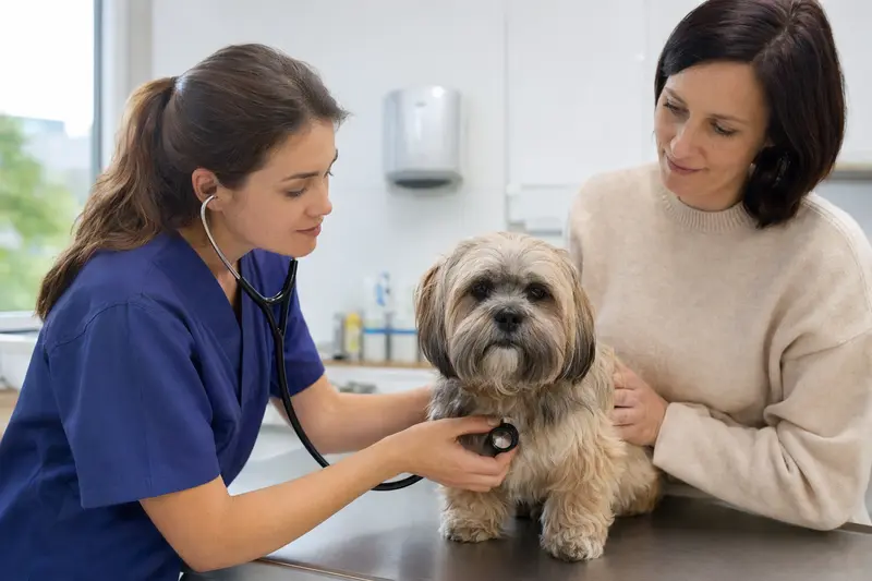 Ein Lhasa Apso Hund wird behutsam von einer Tierärztin mit einem Stethoskop in einer modernen Praxis untersucht, während der Besitzer beruhigend daneben steht.