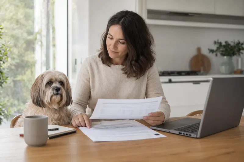 Ein Lhasa Apso Hund sitzt neben seinem Besitzer am Küchentisch, wo Versicherungsunterlagen und ein Laptop mit Vergleichsseite liegen.