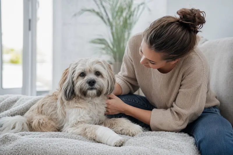 Ein Lhasa Apso Hund mit einem leichten Verband an der Pfote liegt entspannt neben seinem erleichterten Besitzer in einer hellen Wohnung.