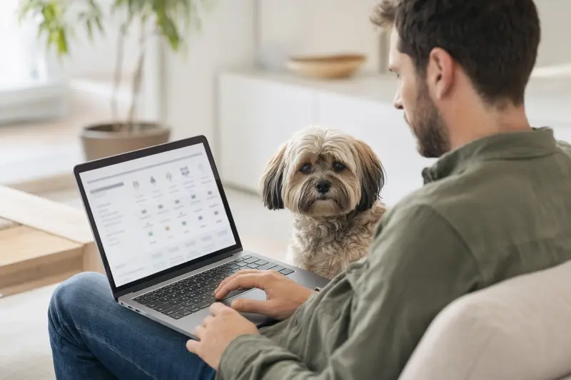 Ein Hundebesitzer mit Laptop auf dem Sofa, neben einem Lhasa Apso, auf der Suche nach einer passenden Tierkrankenversicherung.