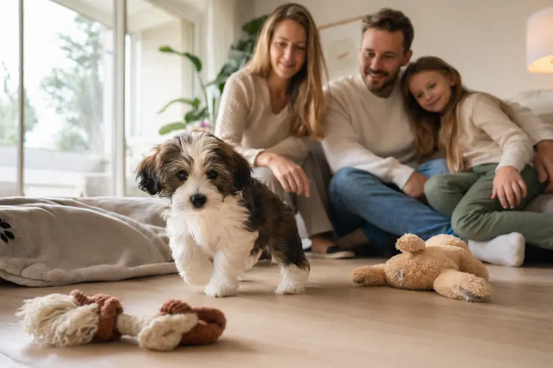 Ein neugieriger Lhasa Apso Welpe erkundet sein neues Zuhause mit einer liebevollen Familie im Hintergrund.