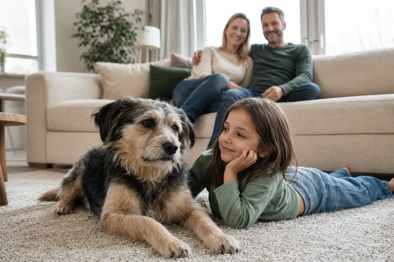 Ein freundlicher Familienhund liegt entspannt neben einem Kind im Wohnzimmer, während die Eltern im Hintergrund in einer hellen und sicheren Atmosphäre zu sehen sind.