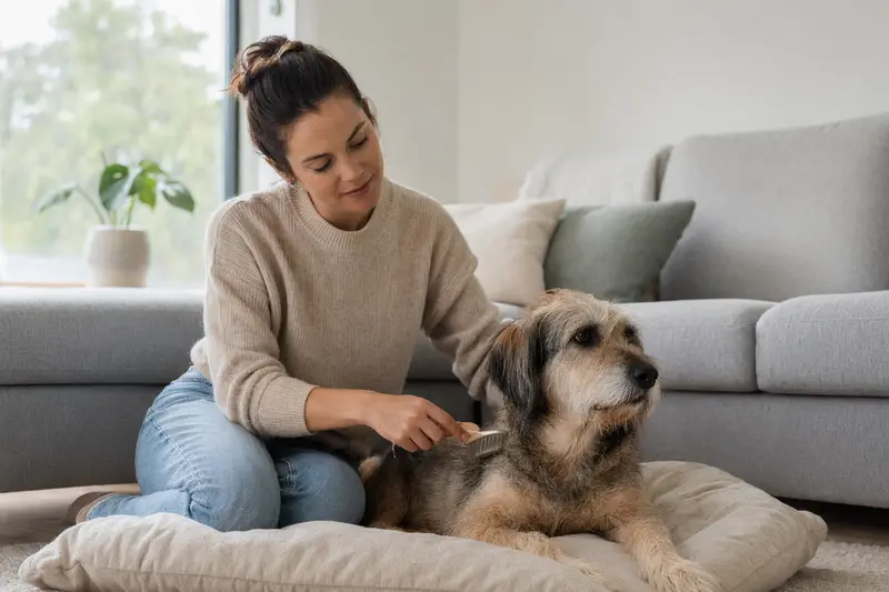 Ein Liptak Hund wird in einer hellen Wohnung liebevoll gebürstet, während der Besitzer die Fellpflege aufmerksam und sanft übernimmt.