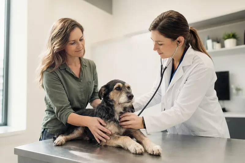 Eine freundliche Tierärztin untersucht einen ruhigen Hund mit dem Stethoskop, während der Besitzer beruhigend neben dem Untersuchungstisch steht.