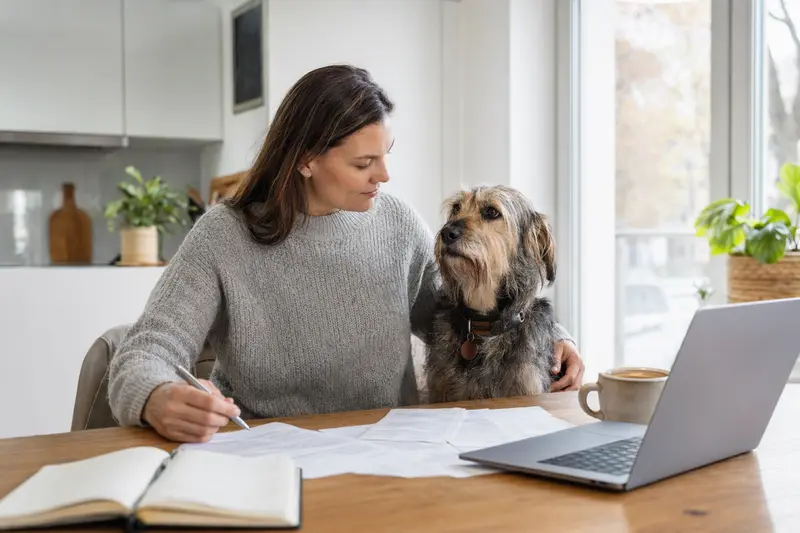 Ein Liptak Hund sitzt ruhig neben seinem Besitzer am Küchentisch, während Versicherungsunterlagen und ein Laptop mit einer neutralen Vergleichsseite sichtbar sind.