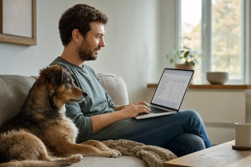 Hund liegt neben einem Besitzer mit Laptop auf dem Sofa in einer hellen Wohnung und verdeutlicht die einfache Entscheidung für eine Tierkrankenversicherung.